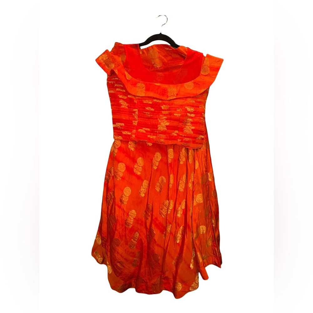 Womens 💯 % SILK Blood Orange & Gold Top & Skirt and Top Medium 36 bust
